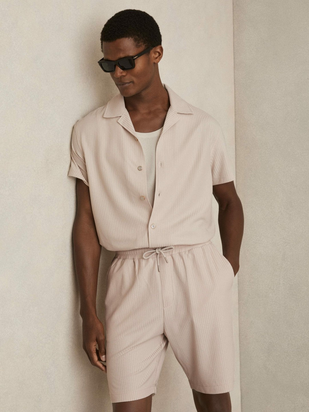 Textured-Knit Cuban-Collar Shirt in Champagne Men | Reiss
