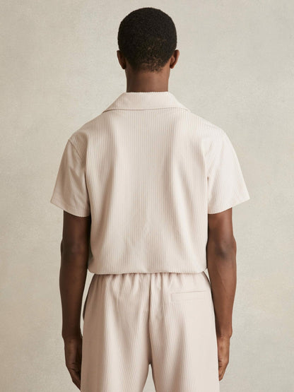 Textured-Knit Cuban-Collar Shirt in Champagne Men | Reiss