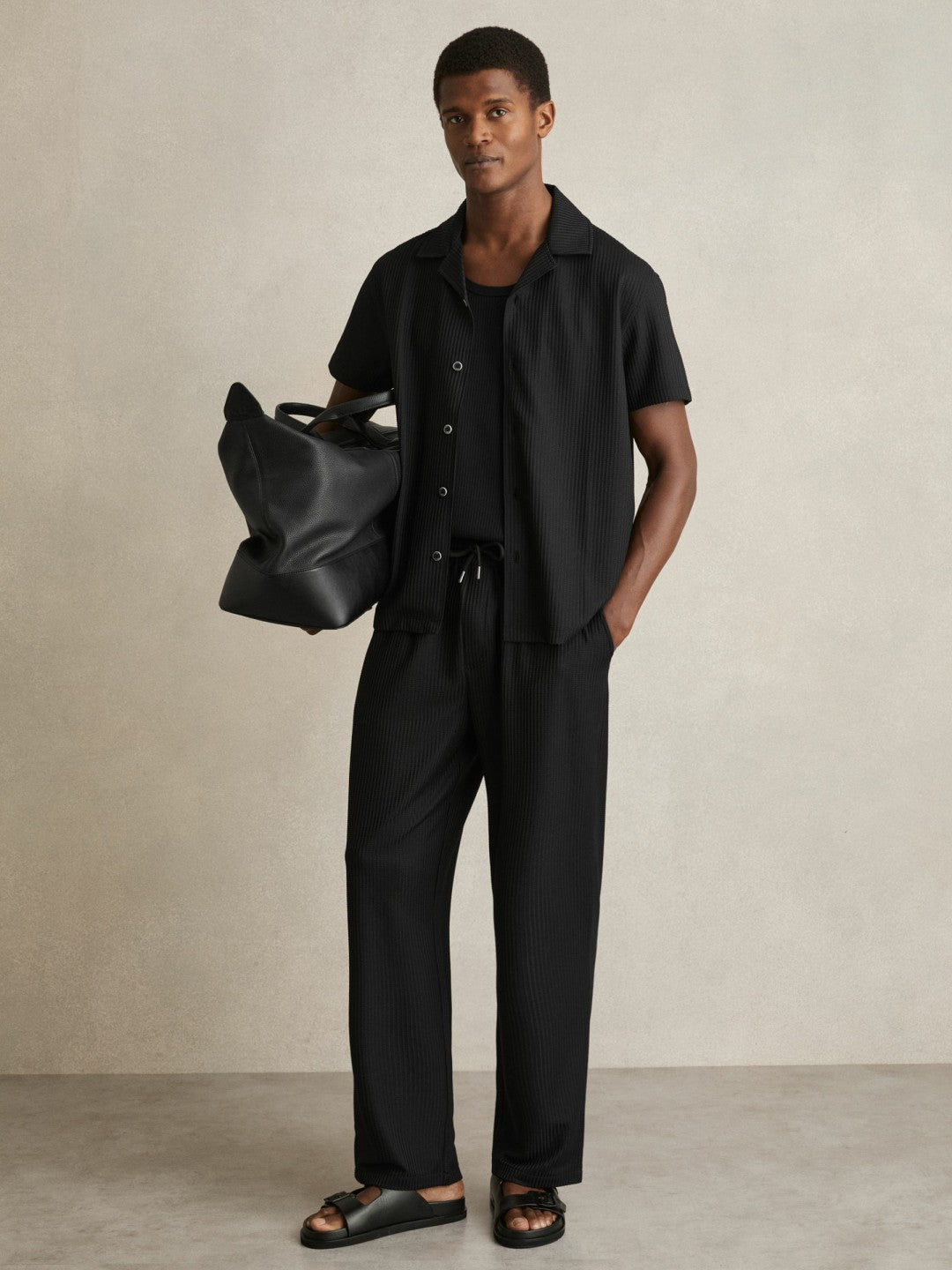 Textured-Knit Cuban-Collar Shirt in Black Men | Reiss