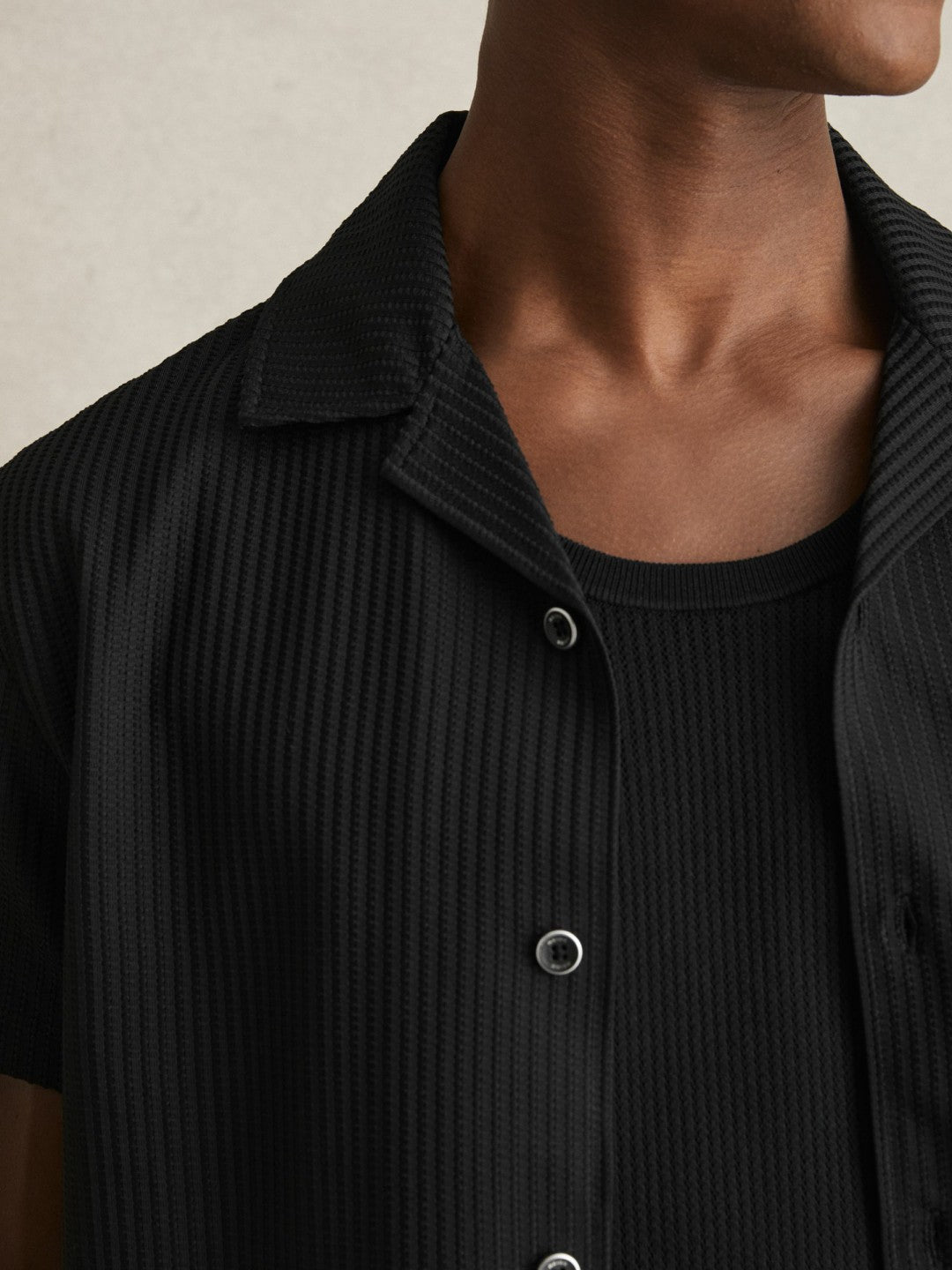 Textured-Knit Cuban-Collar Shirt in Black Men | Reiss