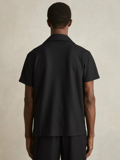 Textured-Knit Cuban-Collar Shirt in Black Men | Reiss