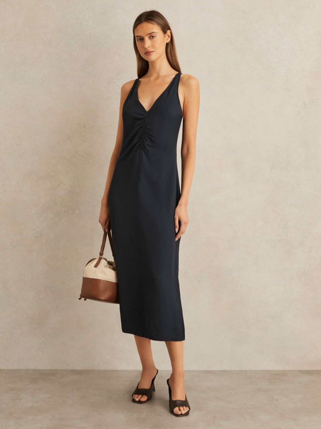 Ruched Sleeveless Midi Dress With Linen in Navy Women | Reiss