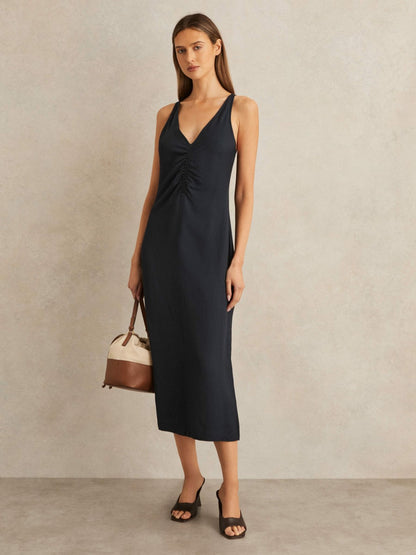 Ruched Sleeveless Midi Dress With Linen in Navy Women | Reiss