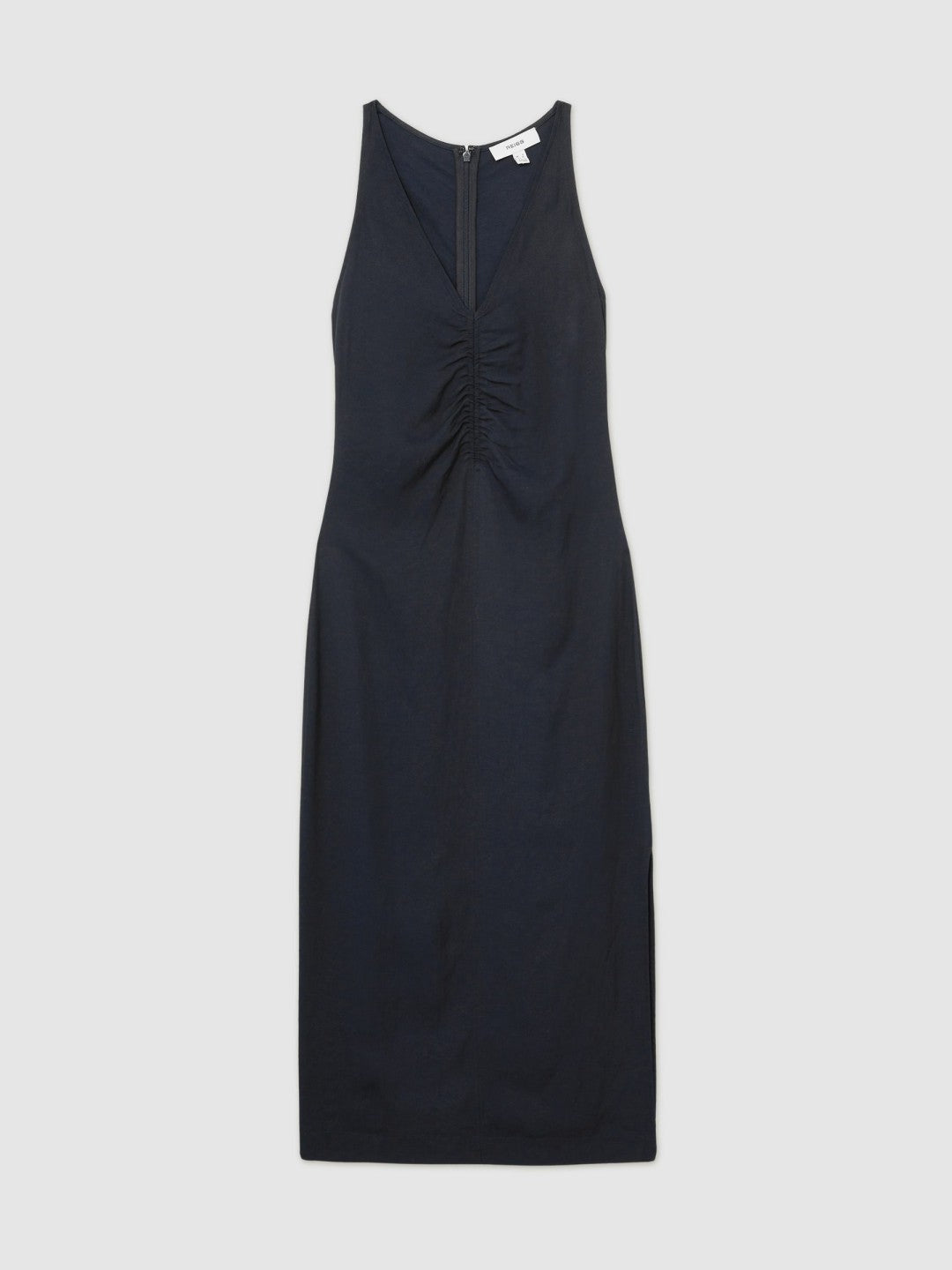 Ruched Sleeveless Midi Dress With Linen in Navy Women | Reiss