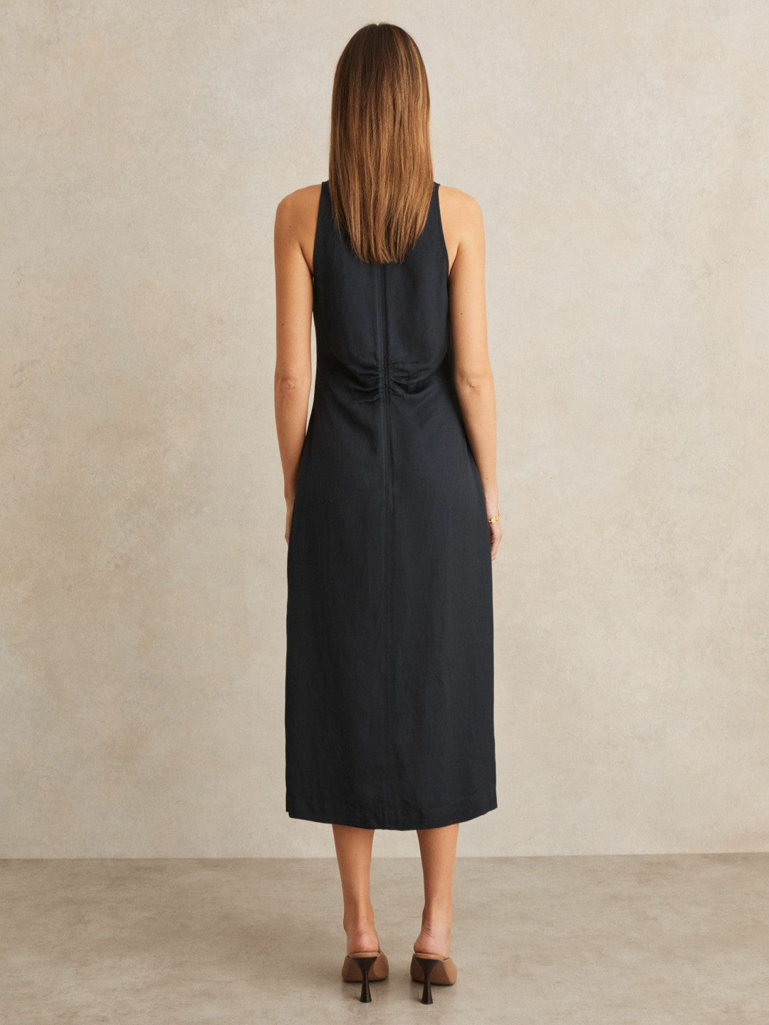 Ruched Sleeveless Midi Dress With Linen in Navy Women | Reiss