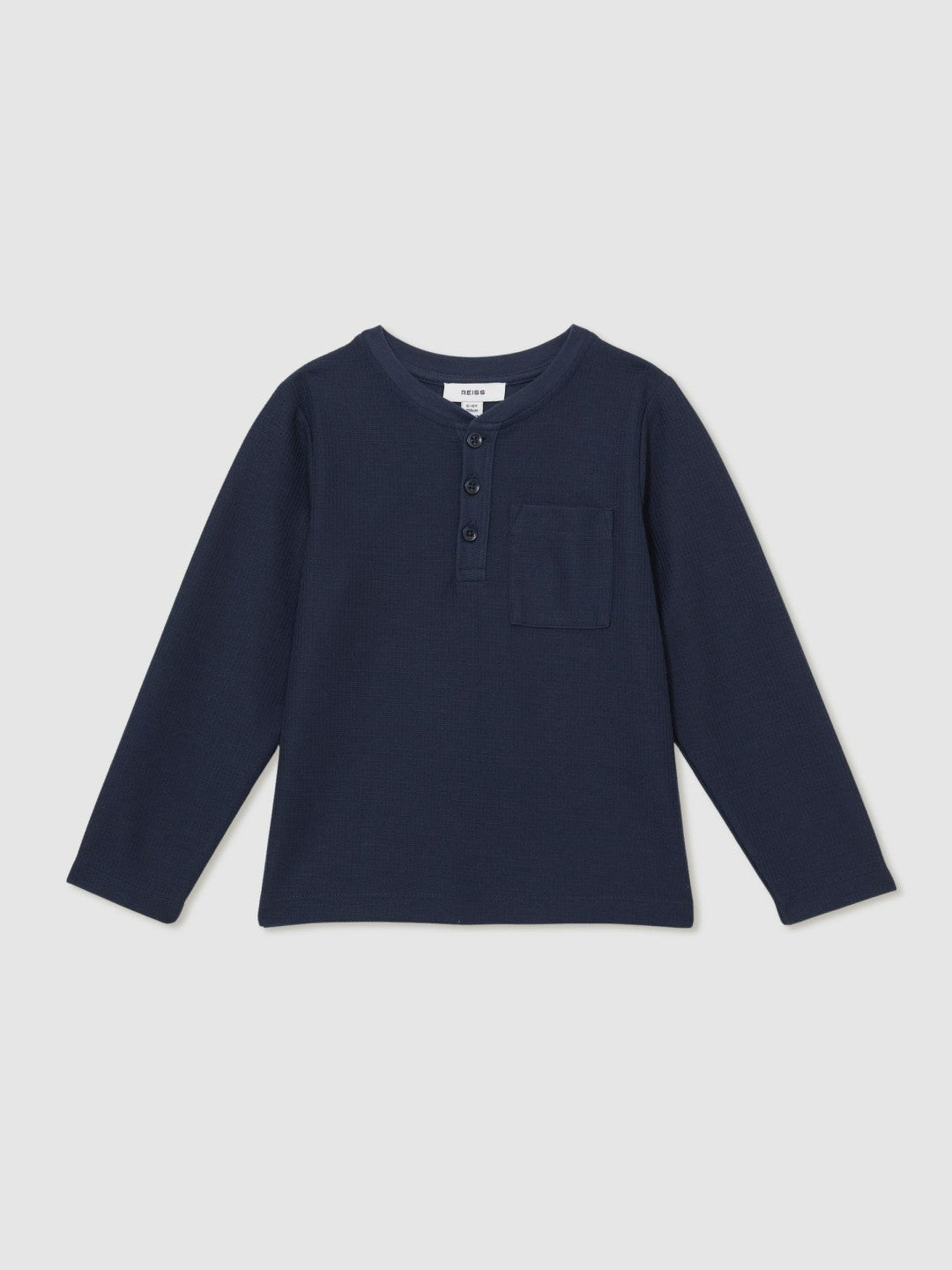 9-13 yrs Cotton-Blend Waffle Henley T-Shirt in Navy Children & Baby | Reiss