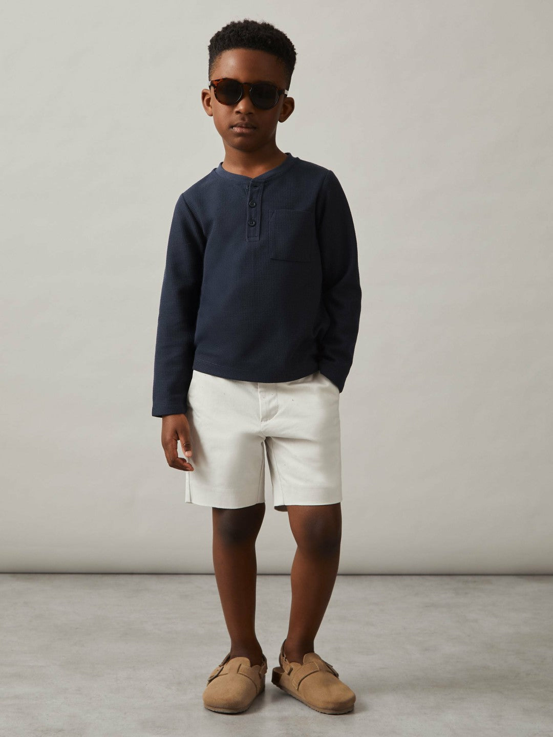 9-13 yrs Cotton-Blend Waffle Henley T-Shirt in Navy Children & Baby | Reiss