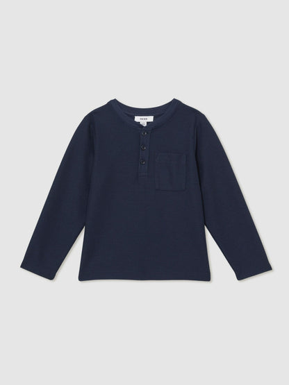 3-9 yrs Cotton-Blend Waffle Henley T-Shirt in Navy Children & Baby | Reiss