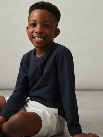 3-9 yrs Cotton-Blend Waffle Henley T-Shirt in Navy Children & Baby | Reiss
