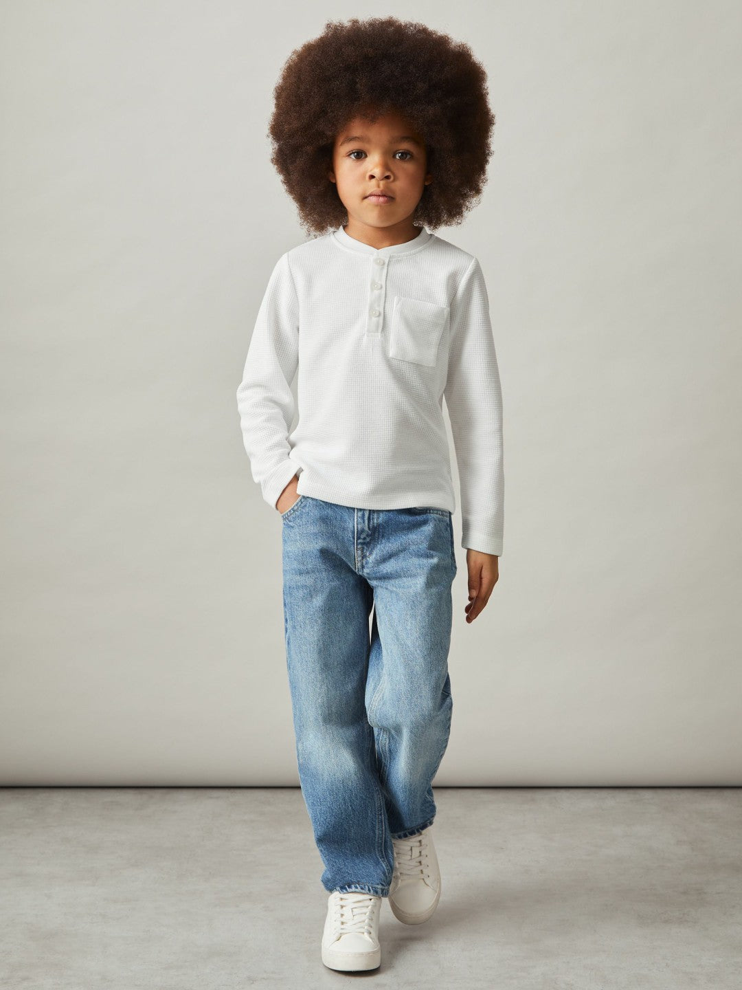 9-13 yrs Cotton-Blend Waffle Henley T-Shirt in White Children & Baby | Reiss