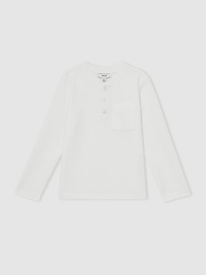 9-13 yrs Cotton-Blend Waffle Henley T-Shirt in White Children & Baby | Reiss
