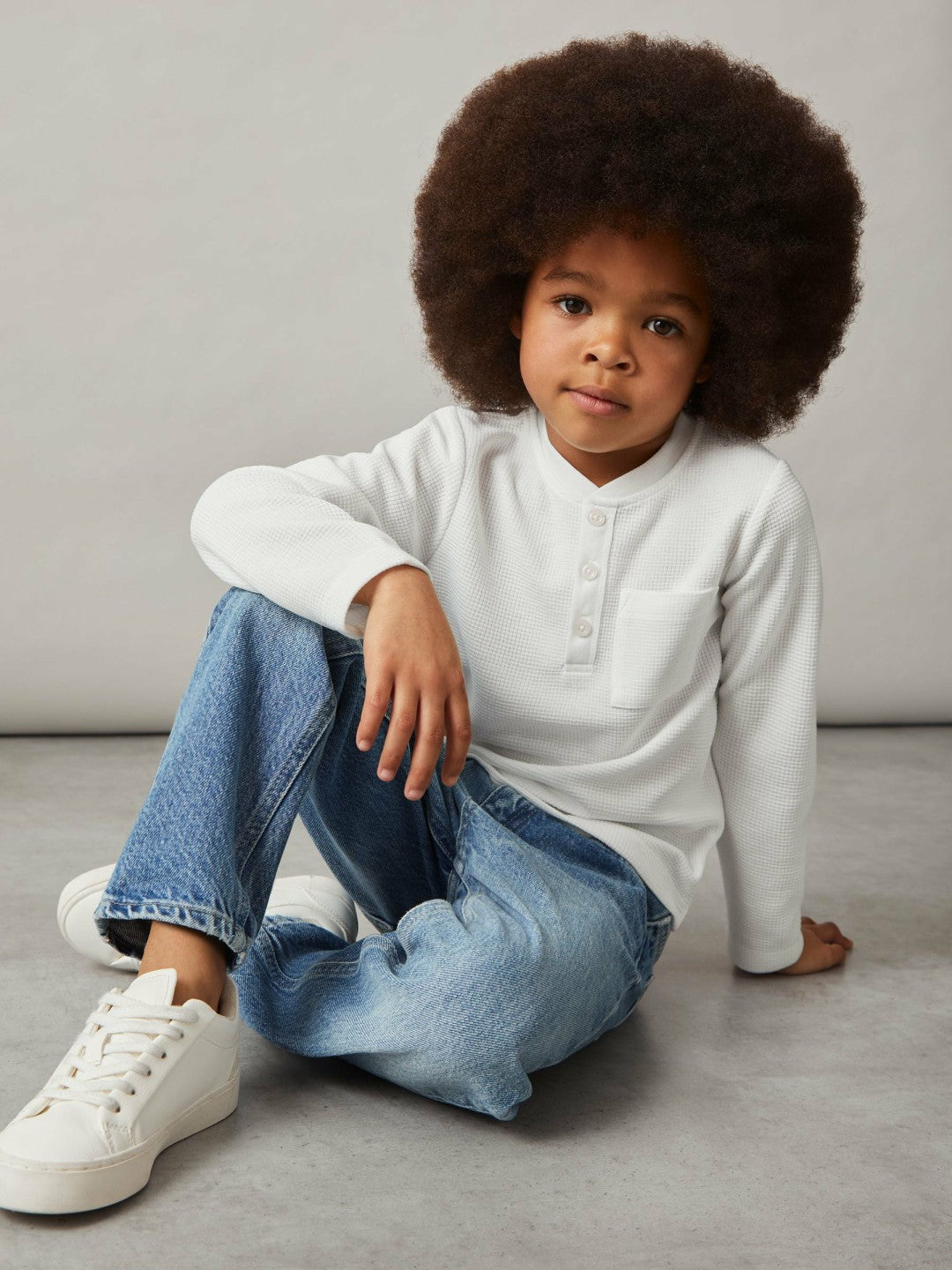 9-13 yrs Cotton-Blend Waffle Henley T-Shirt in White Children & Baby | Reiss
