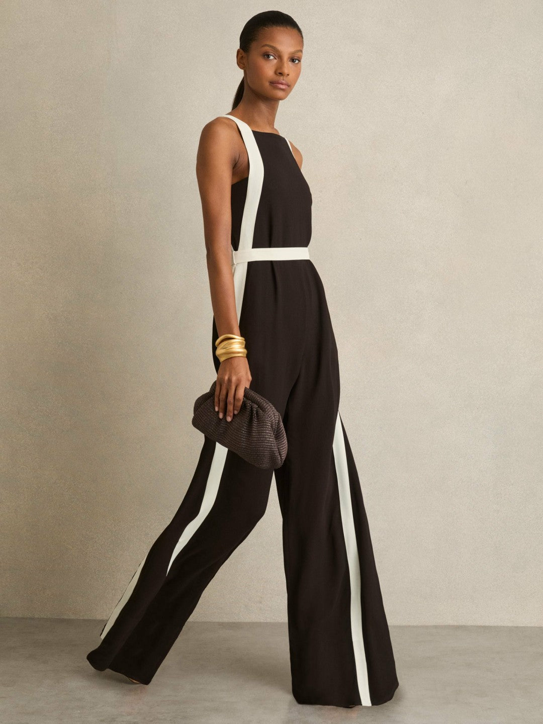 Colourblock Wide Leg Belted Jumpsuit in Chocolate/Cream Women | Reiss