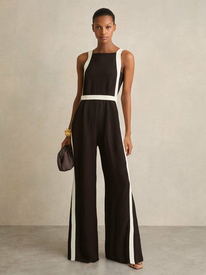 Colourblock Wide Leg Belted Jumpsuit in Chocolate/Cream Women | Reiss