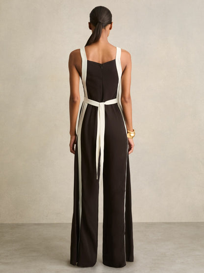 Colourblock Wide Leg Belted Jumpsuit in Chocolate/Cream Women | Reiss