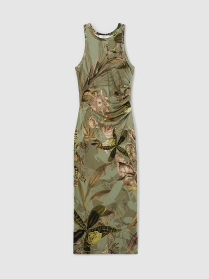 | NYBG Floral Ruched Jersey Dress in Khaki Women | Reiss