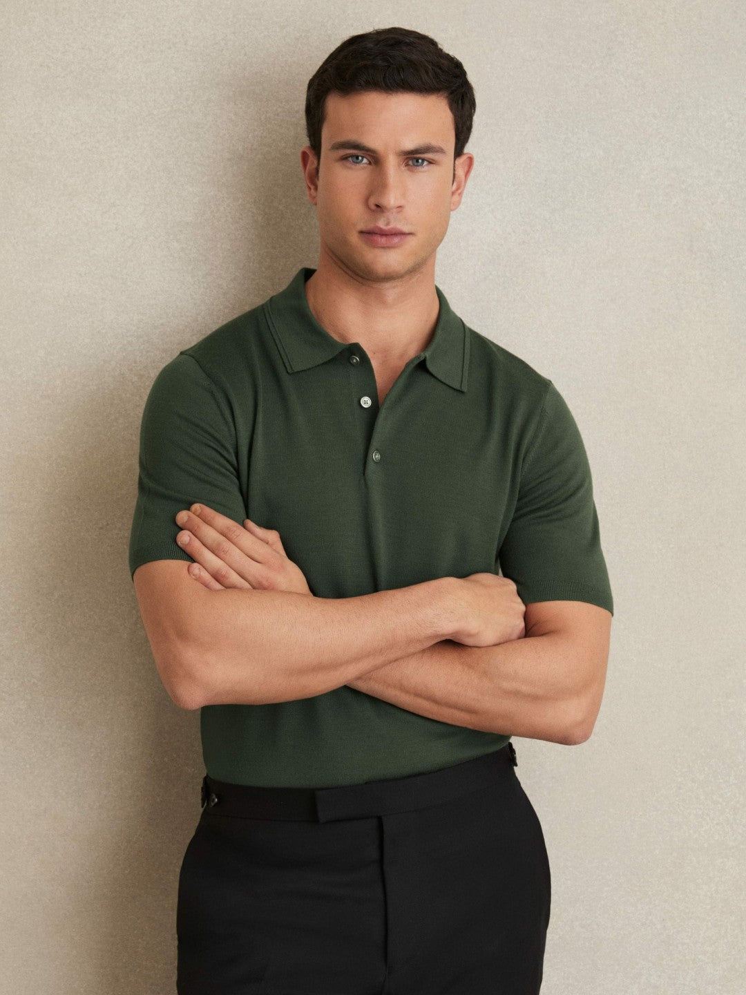 Merino Wool Short-Sleeve Polo Shirt in Kale Green Men | Reiss