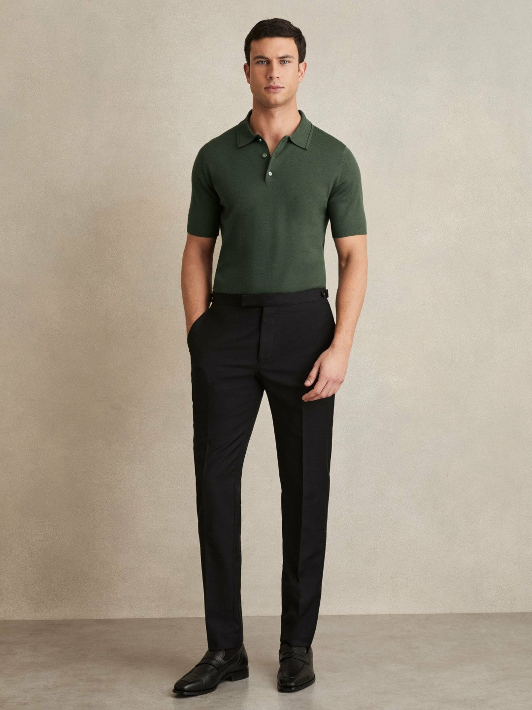 Merino Wool Short-Sleeve Polo Shirt in Kale Green Men | Reiss