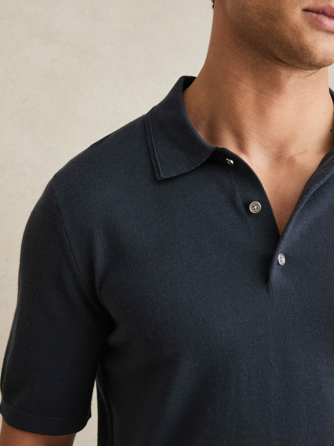 Merino Wool Short-Sleeve Polo Shirt in Midnight Navy Men | Reiss