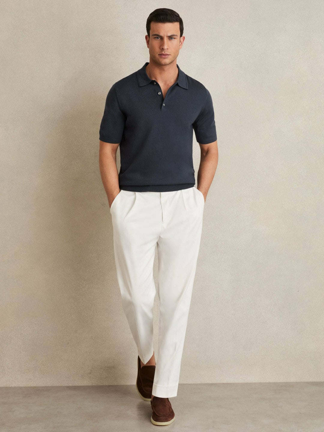 Merino Wool Short-Sleeve Polo Shirt in Midnight Navy Men | Reiss