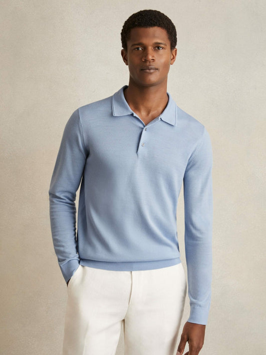 Merino Wool Long-Sleeve Polo Shirt in Soft Blue Men | Reiss