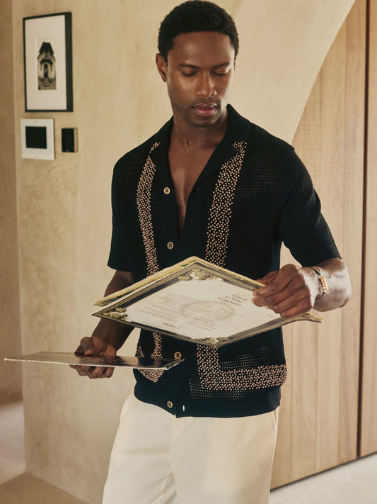 | Ché Beaded Crochet Shirt in Black Men | Reiss