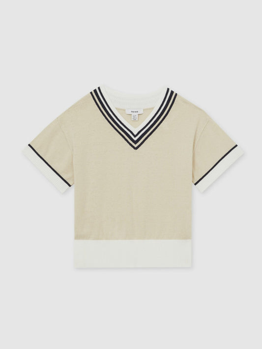 13-14 yrs Cotton-Linen Knit V-Neck Cricket Top in Neutral Children & Baby | Reiss