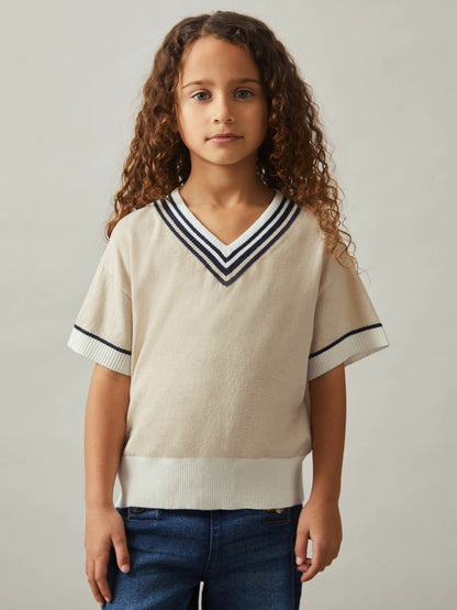 13-14 yrs Cotton-Linen Knit V-Neck Cricket Top in Neutral Children & Baby | Reiss