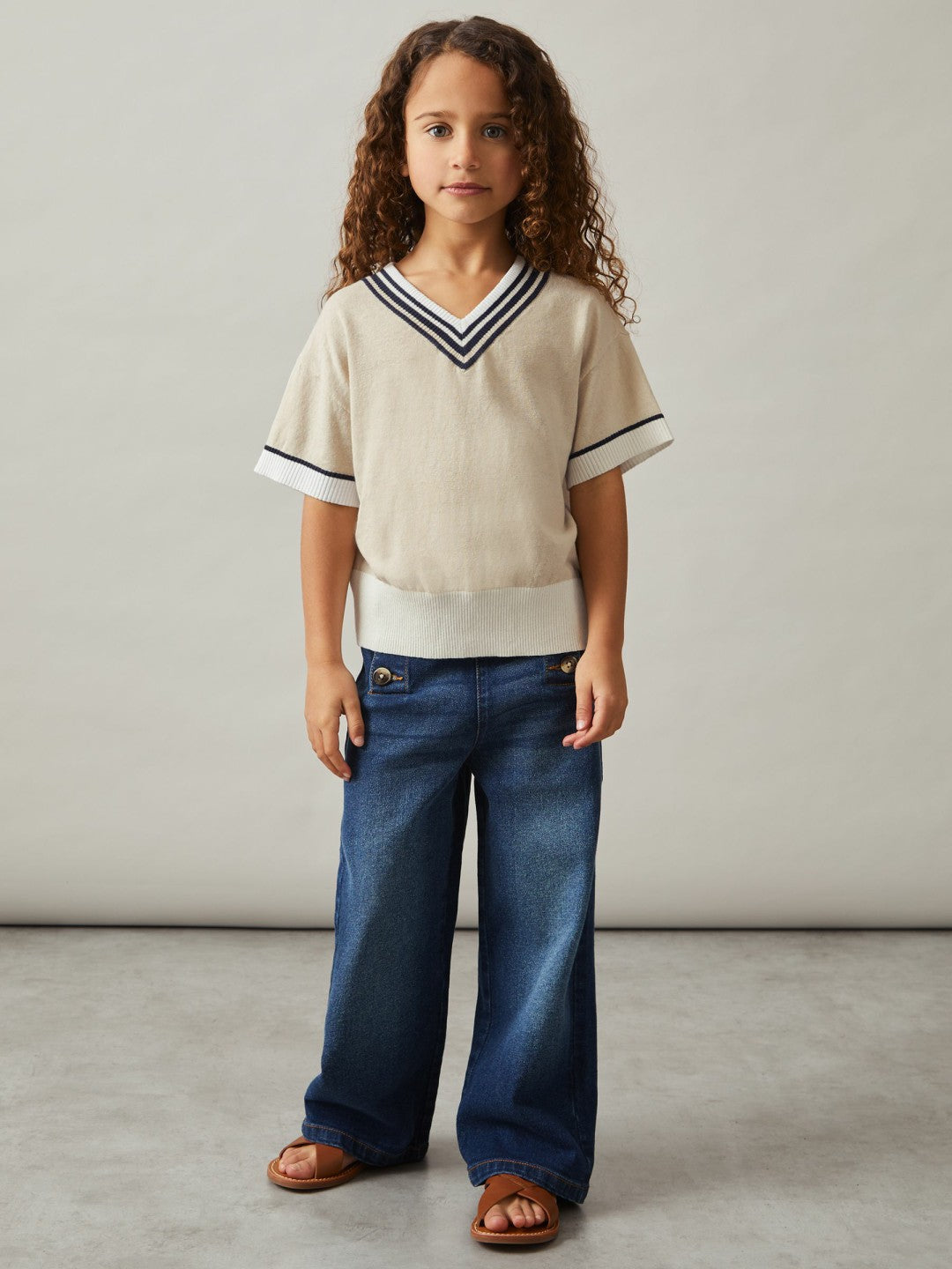 13-14 yrs Cotton-Linen Knit V-Neck Cricket Top in Neutral Children & Baby | Reiss