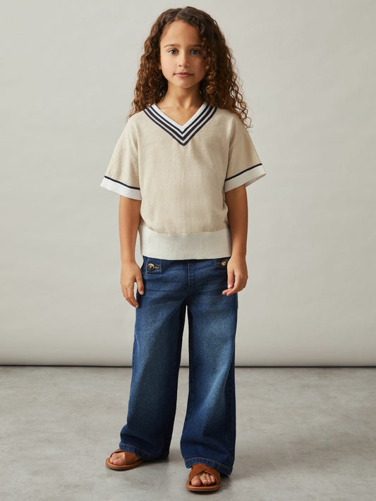 9-13 yrs Cotton-Linen Knit V-Neck Cricket Top in Neutral Children & Baby | Reiss