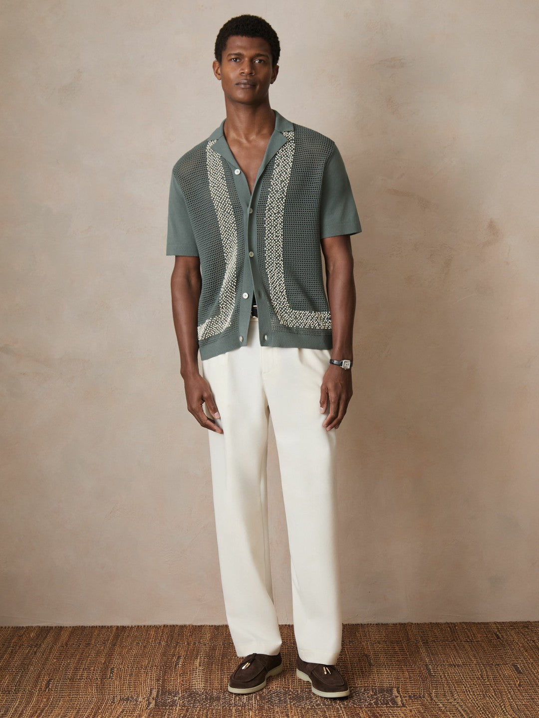 | Ché Beaded Crochet Shirt in Sage Men | Reiss