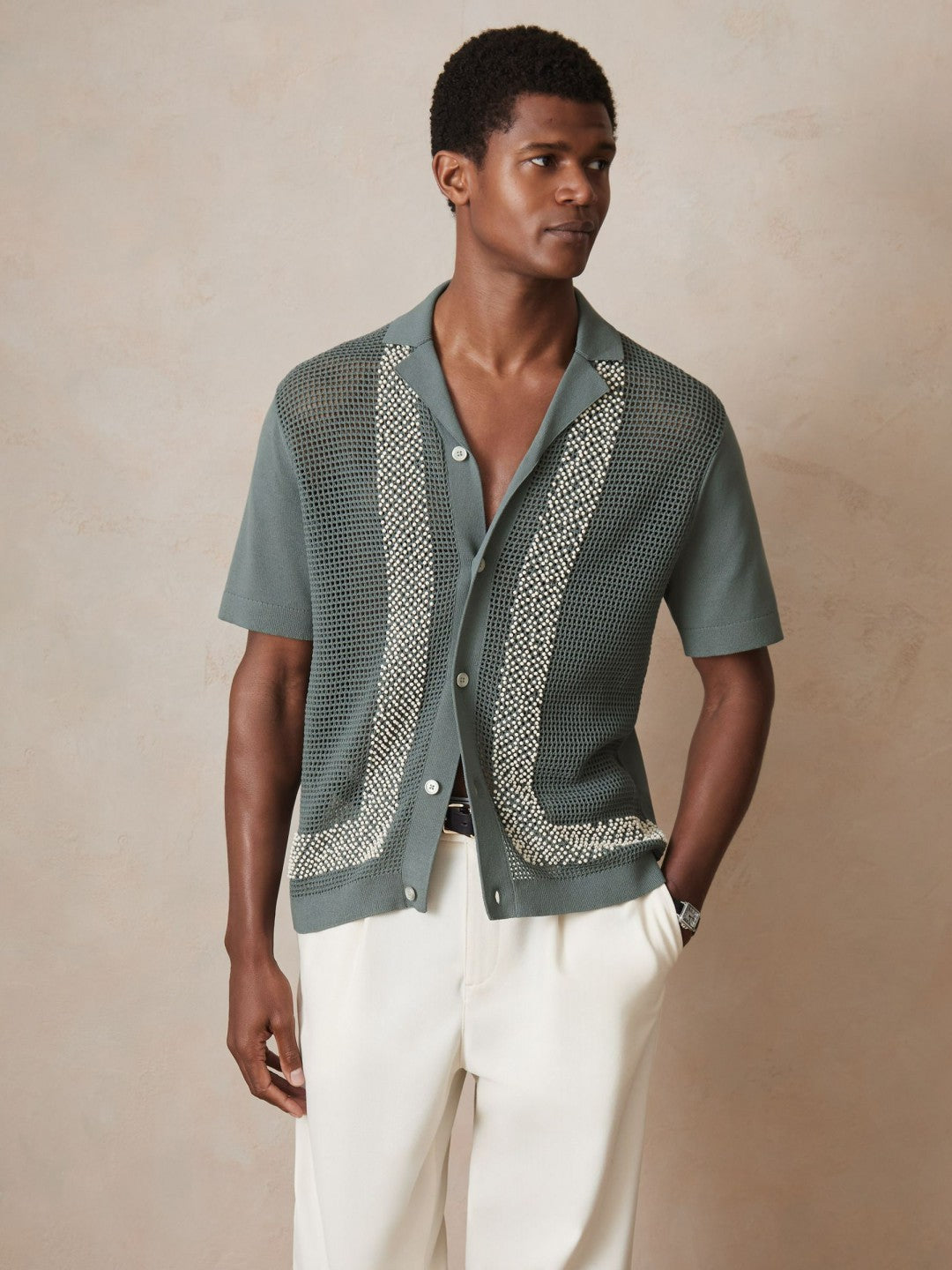 | Ché Beaded Crochet Shirt in Sage Men | Reiss