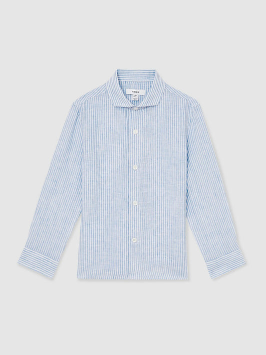 13-14 yrs Linen Cutaway Collar Shirt in Blue/White Stripe Children & Baby | Reiss