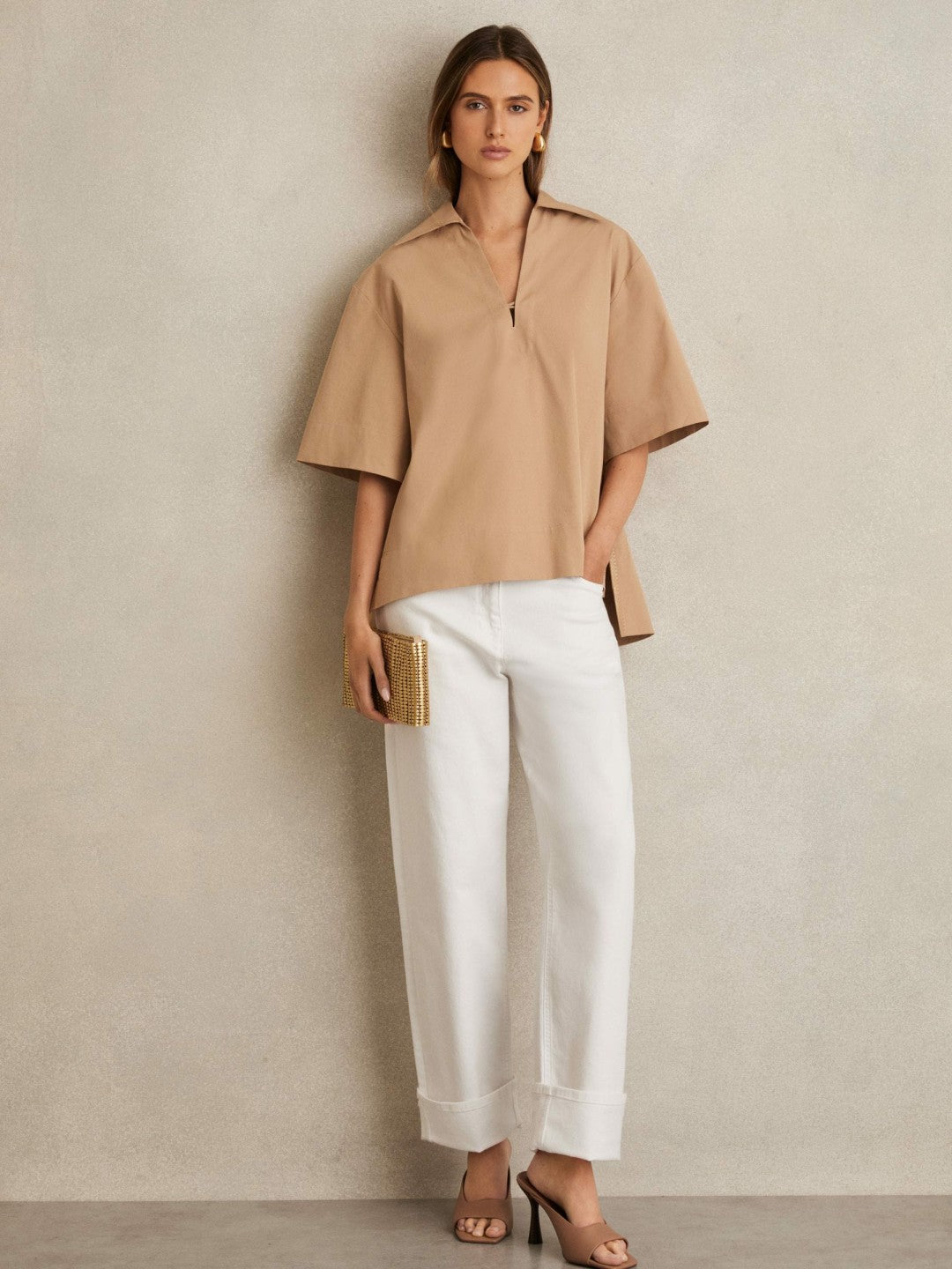 Cotton Blend Craft Stitch Collared Top in Camel Women | Reiss