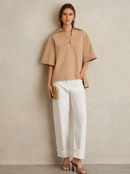 Cotton Blend Craft Stitch Collared Top in Camel Women | Reiss