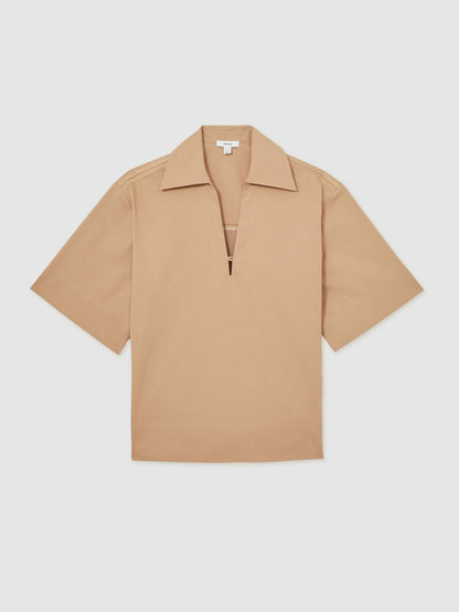 Cotton Blend Craft Stitch Collared Top in Camel Women | Reiss