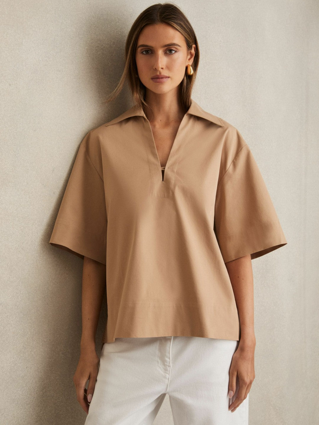Cotton Blend Craft Stitch Collared Top in Camel Women | Reiss