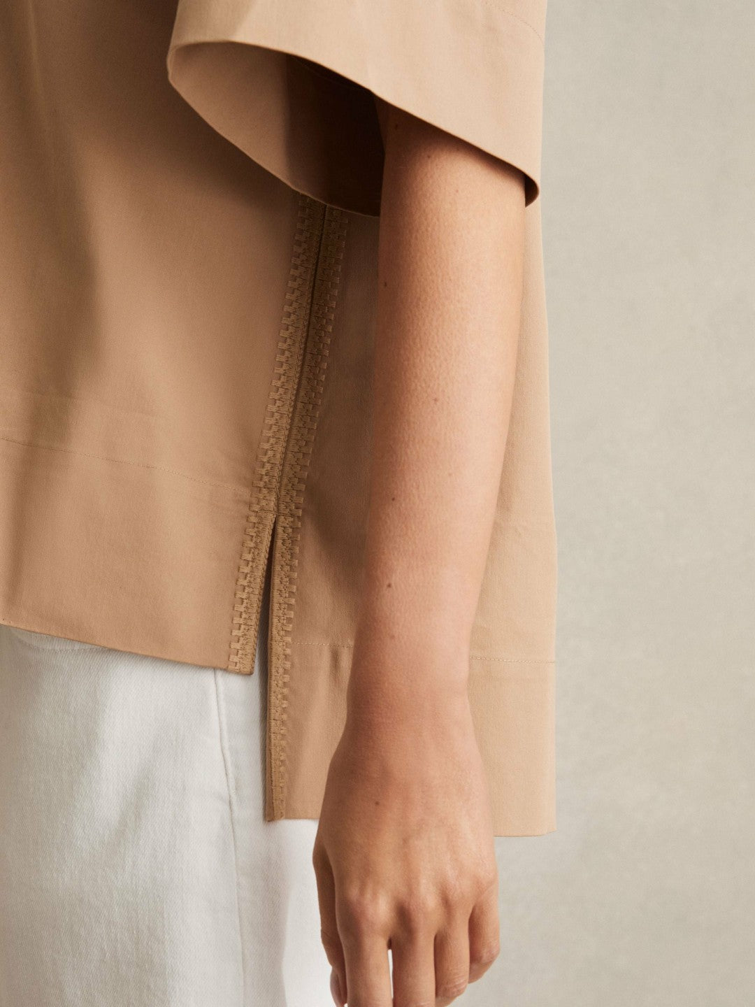 Cotton Blend Craft Stitch Collared Top in Camel Women | Reiss