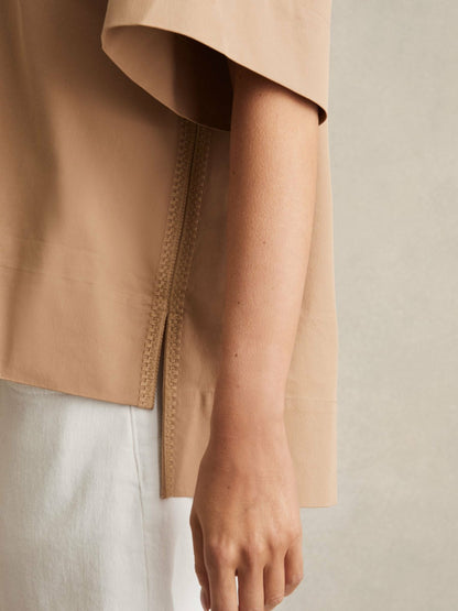 Cotton Blend Craft Stitch Collared Top in Camel Women | Reiss