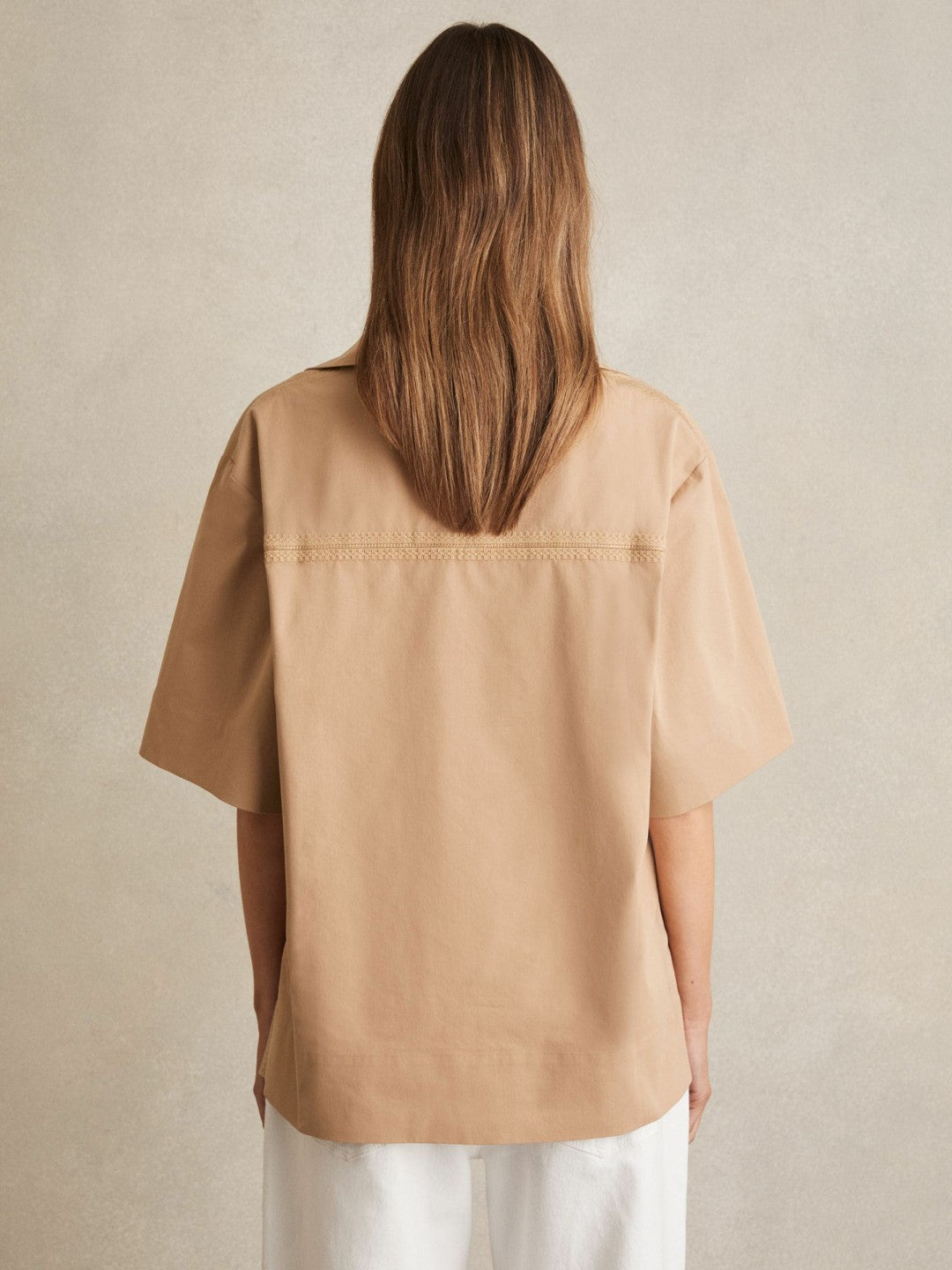 Cotton Blend Craft Stitch Collared Top in Camel Women | Reiss