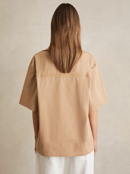 Cotton Blend Craft Stitch Collared Top in Camel Women | Reiss