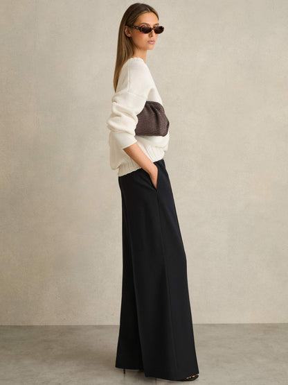 Petite Wide-Leg Elasticated-Waist Trousers in Navy Women | Reiss