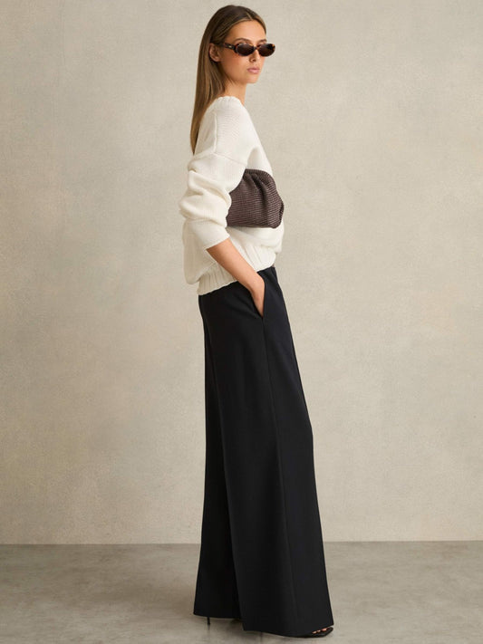 Petite Wide-Leg Elasticated-Waist Trousers in Navy Women | Reiss