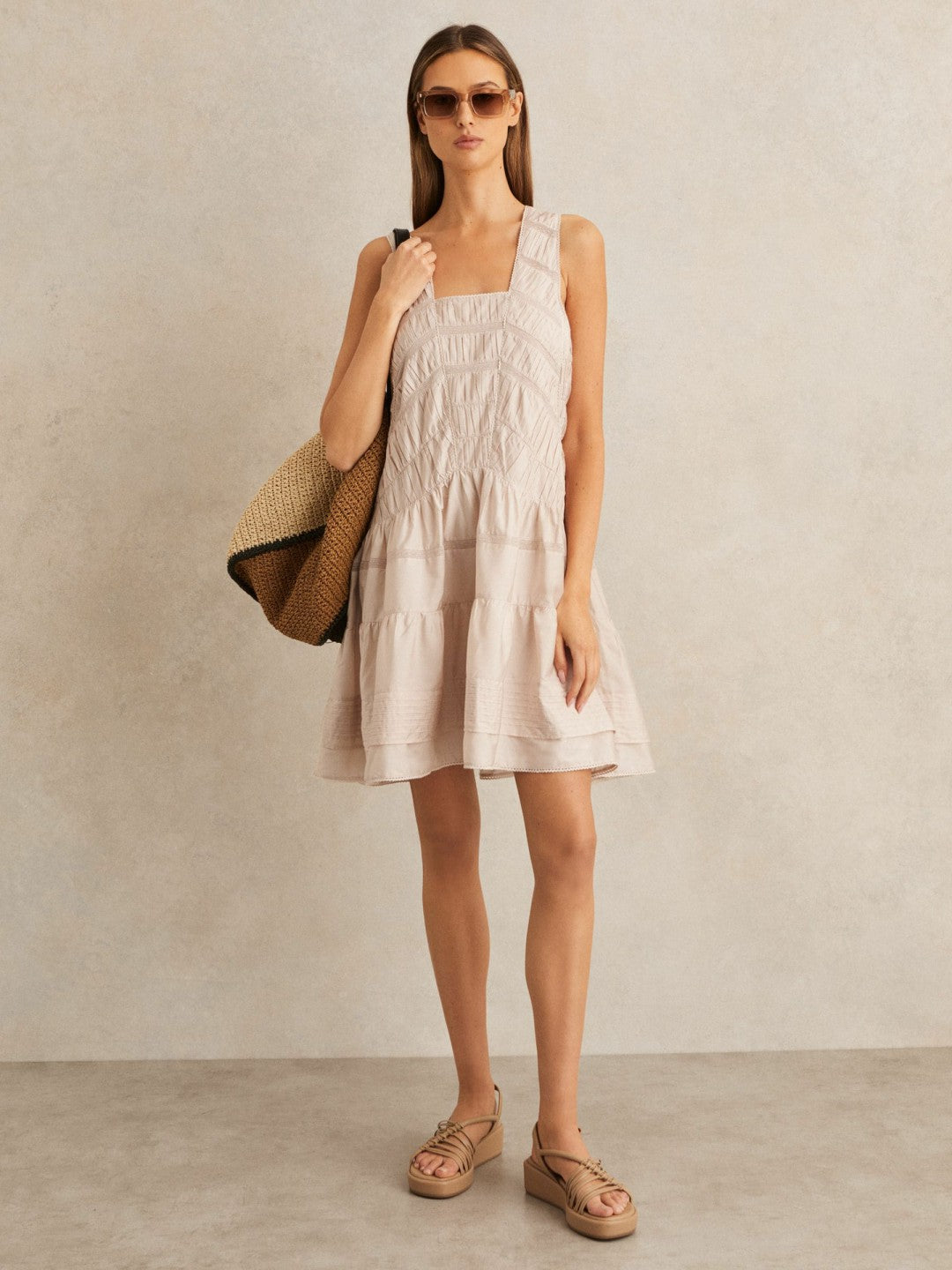 Shirred Ruffle Hem Mini Dress in Neutral Women | Reiss
