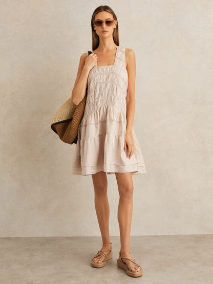 Shirred Ruffle Hem Mini Dress in Neutral Women | Reiss