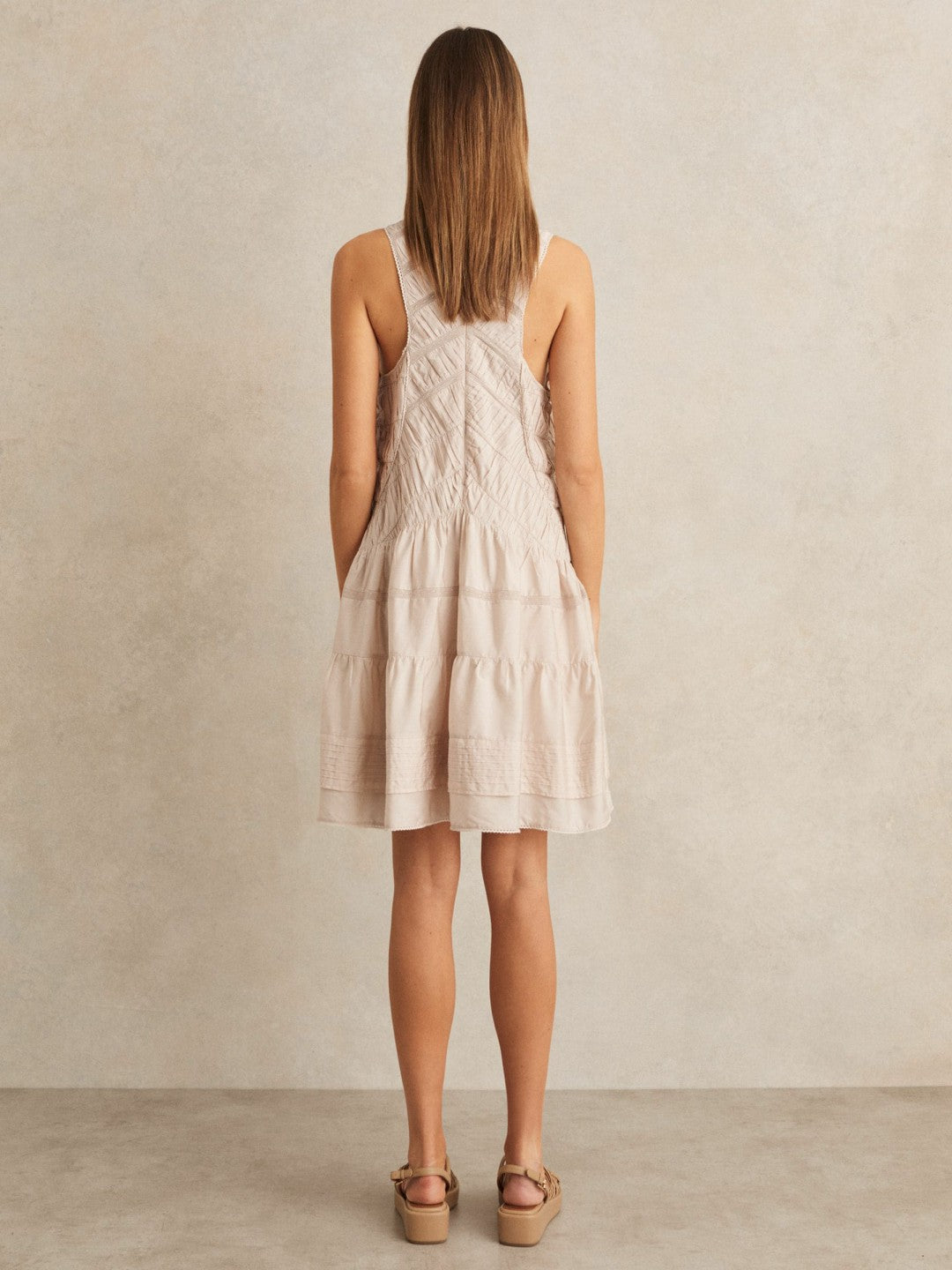 Shirred Ruffle Hem Mini Dress in Neutral Women | Reiss