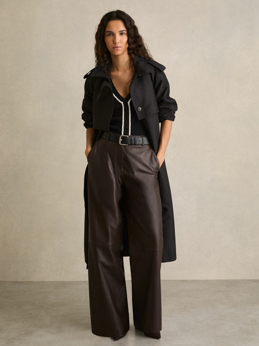 Petite Leather Wide Leg Trousers in Chocolate Women | Reiss
