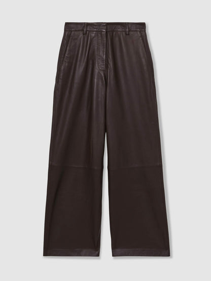 Petite Leather Wide Leg Trousers in Chocolate Women | Reiss