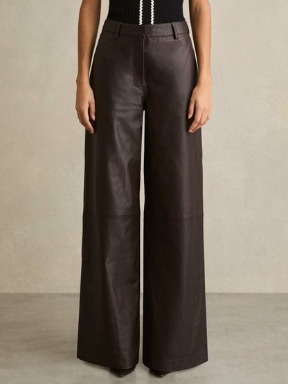 Petite Leather Wide Leg Trousers in Chocolate Women | Reiss
