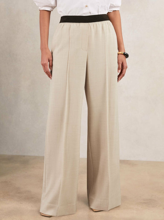 Petite Wide-Leg Elasticated-Waist Trousers in Neutral Women | Reiss